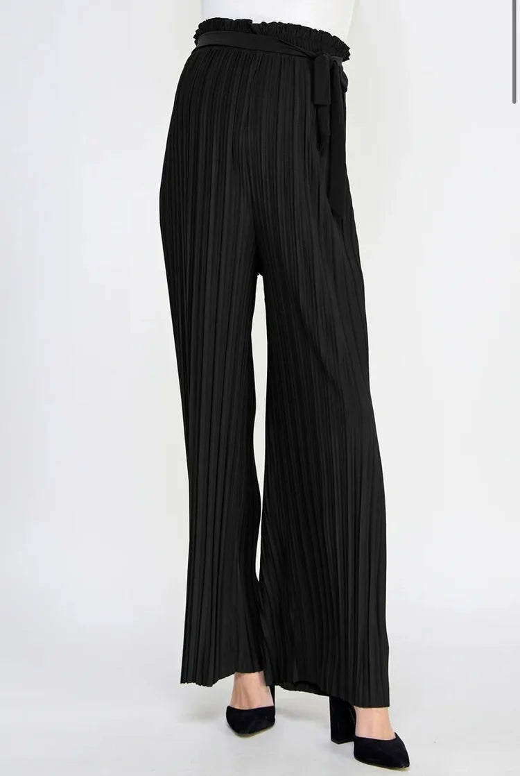 Pleated Maternity Wide Leg Pants with Belt Tie