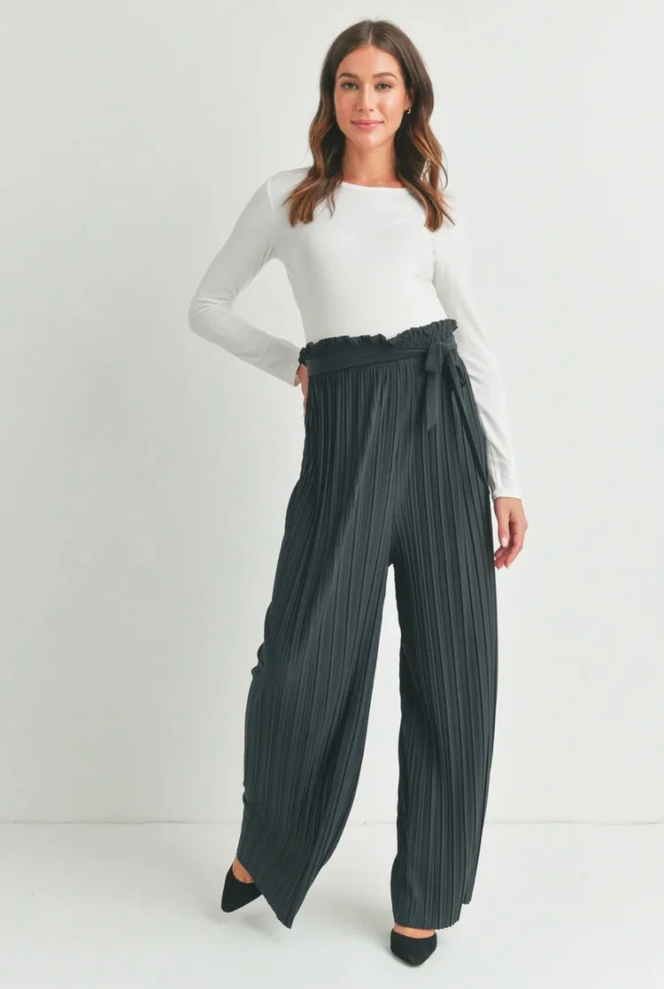 Pleated Maternity Wide Leg Pants with Belt Tie