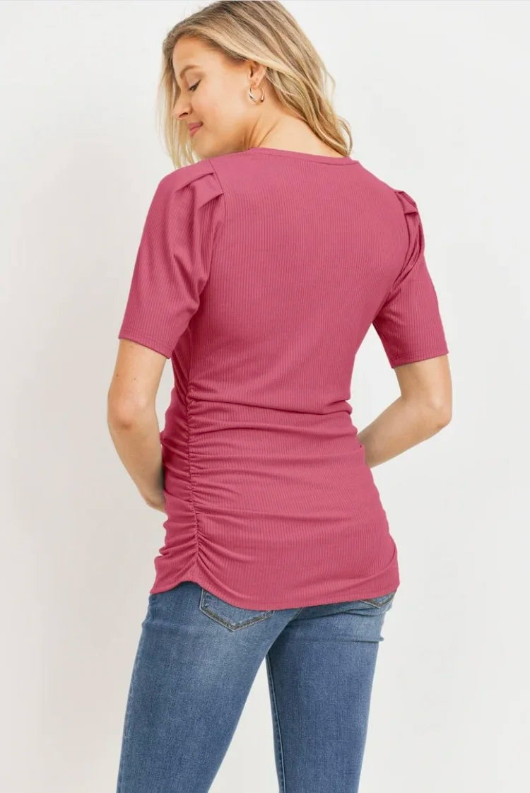 Ruched Puff Short Sleeve Maternity Rib Knit Top