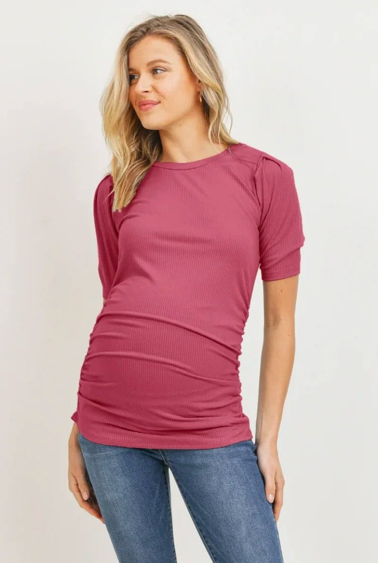 Ruched Puff Short Sleeve Maternity Rib Knit Top