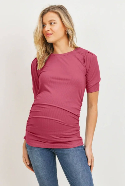 Ruched Puff Short Sleeve Maternity Rib Knit Top