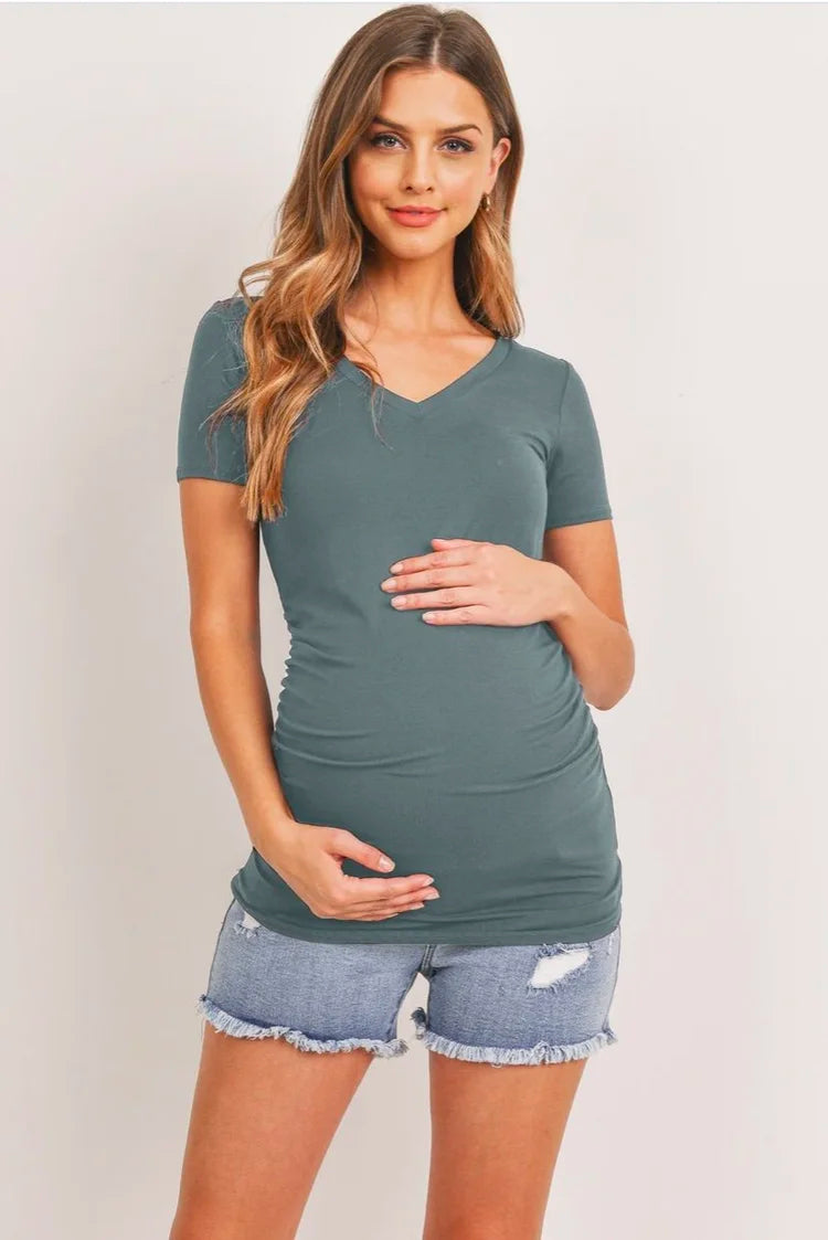 Ruched Short Sleeve Maternity V-Neck T-Shirt