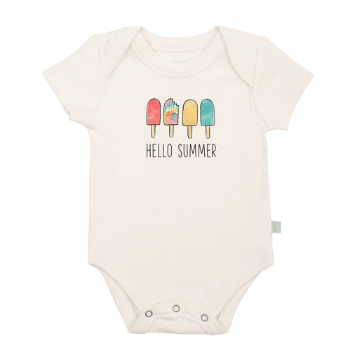 Baby onesie with ice cream graphics and 'Hello Summer' text on a white background