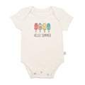 Baby onesie with ice cream graphics and 'Hello Summer' text on a white background